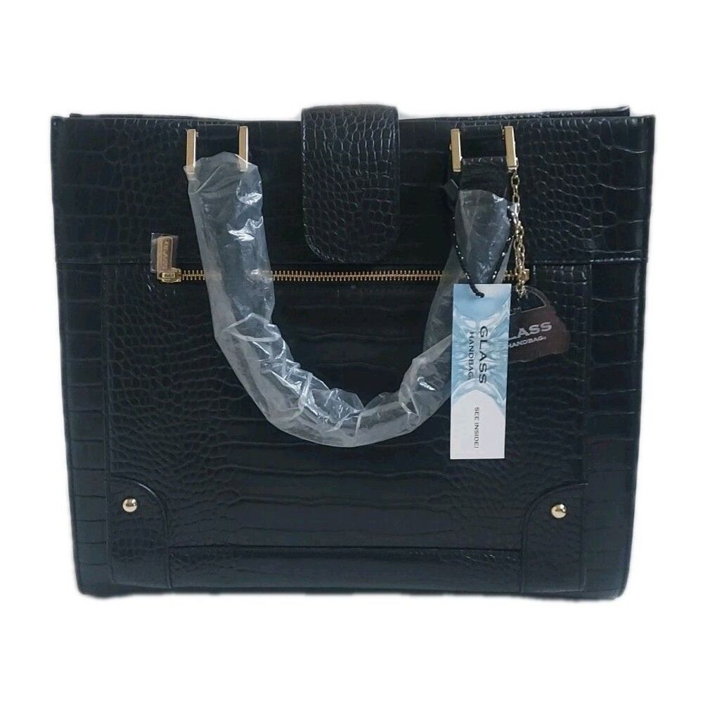 NWT GLASS Handbags "Boss Lady" Black Alligator Vegan Leather W/Interior Light!